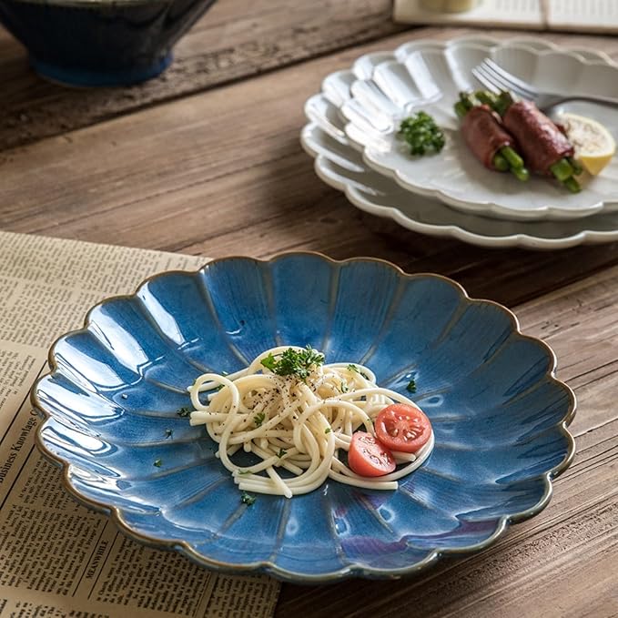 SONGCHAO Party Supplies 10 Inch Petal Plate Embossed Dessert Plate Ceramic Plate Salad Plate Home Kitchen Ceramic Dinnerware Plate Party Plates (Color : A, Size : 10inch)