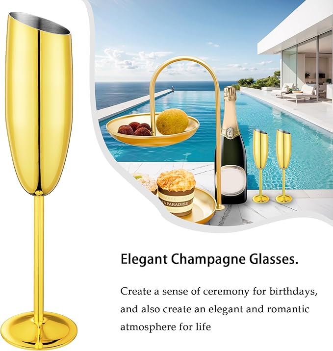 Champagne Flutes Set of 4, Premiumty Stainless Steel High Footed Champagne Glasses, 7oz Capacity,Unbreakable Slanted Champagne Glasses