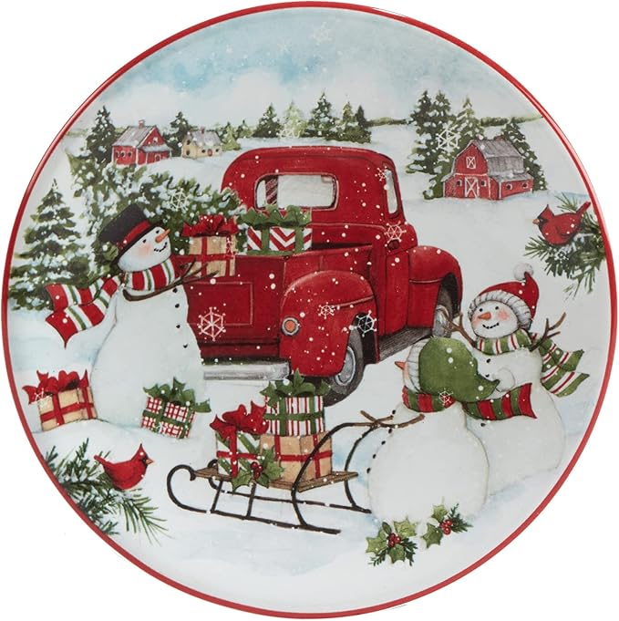 Certified International Red Truck Snowman 6" Canape/Luncheon Plates, Small, Multicolor, Set of 4 (Pack of 3)