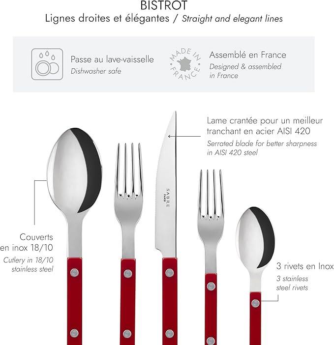 SABRE PARIS - 5-Piece Flatware Set - Bistrot Collection - Knife, Fork, Soup Spoon, Teaspoon & Dessert Fork - Stainless Steel & Nylon - Dishwasher Safe - Burgundy - Brilliant Finish