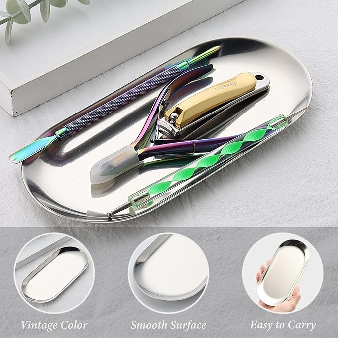 2 Pack Stainless Steel Silver Decorative Tray, Small Oval Perfume Jewelry Candle Dish, Dinner Macarons Dessert Plate for Home Entry Decor Bathroom Kitchen Storage