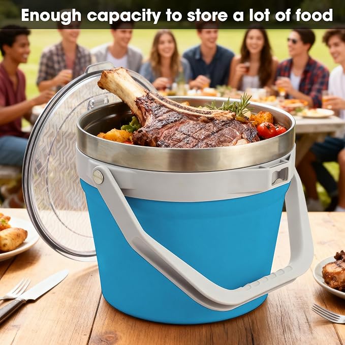 COKTIK 7L Vacuum Insulated Ice Bucket with Lid and Scoop& Tongs，Large capacity Stainless Steel Beverage Bucket for Cocktail, Champagne, Wine, Beer，Large Parties（Blue Suit）