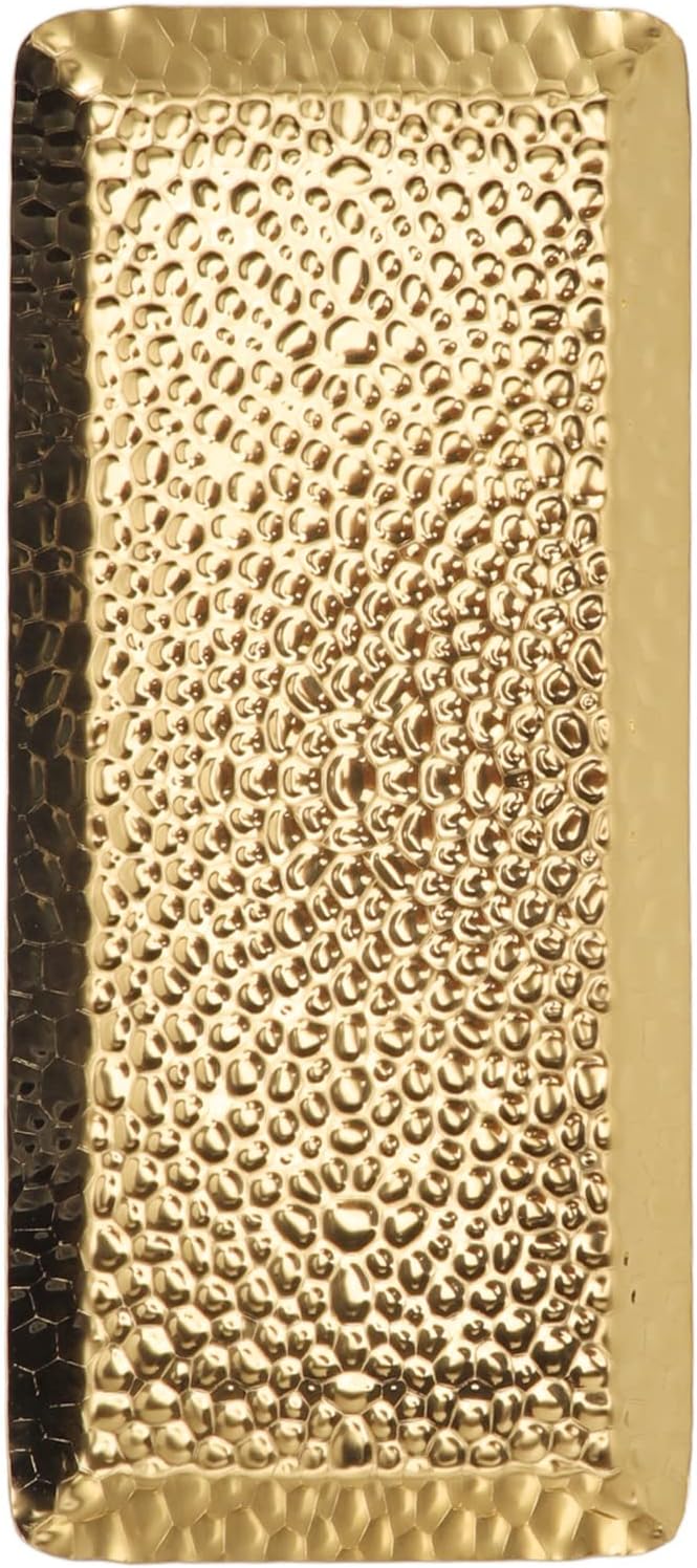 Metallic Towel Serving Tray Hammered Stainless Steel Dishwasher Safe Plate for Home Restaurant 25x11cm (Gold)