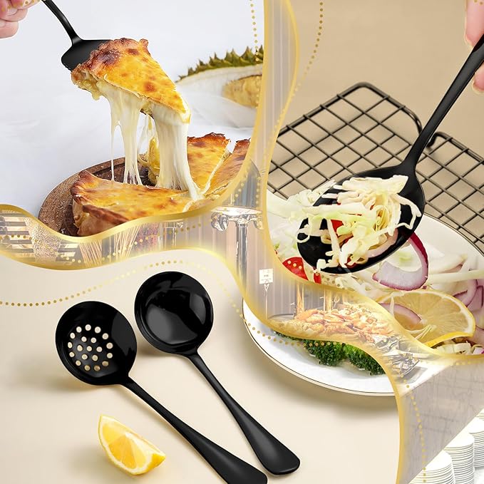 32Pcs Serving Utensils Set Serving Spoons, Buffet Tongs, Cake Spatula, Forks, Perforated Ladles, Soup Scoops, Skimmers and Black Heavy-Duty Serving Tongs (BLACK1)