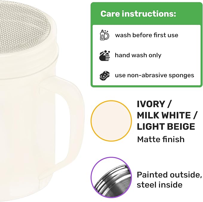 CUSINIUM 6 Ounce Ivory Powder Sugar Shaker With Handle - Fine Mesh - With Plastic Cap - Pack of 2
