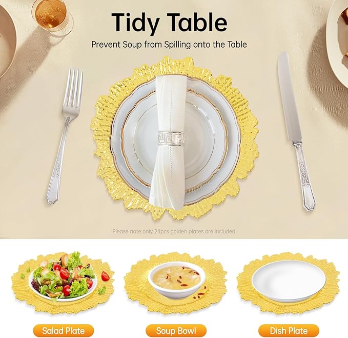 CNCEST 8in Round Charger Plates, 24 Pack Plastic Reef Plate Chargers with Flora Reef Design, Reusable Serving Plates Set for Wedding, Party, Baby Shower and Table Setting Decoration (Gold)
