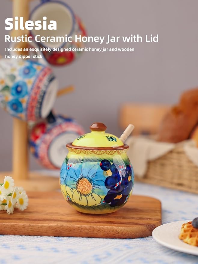 silesia Handmade Ceramic Honey Jar with Lid, 8 oz Floral Design Honey Pot with Dipper, Hand-Painted Honey Containers for Honey, Jam, or Syrup, Dishwasher Safe (Glazed Yellow)