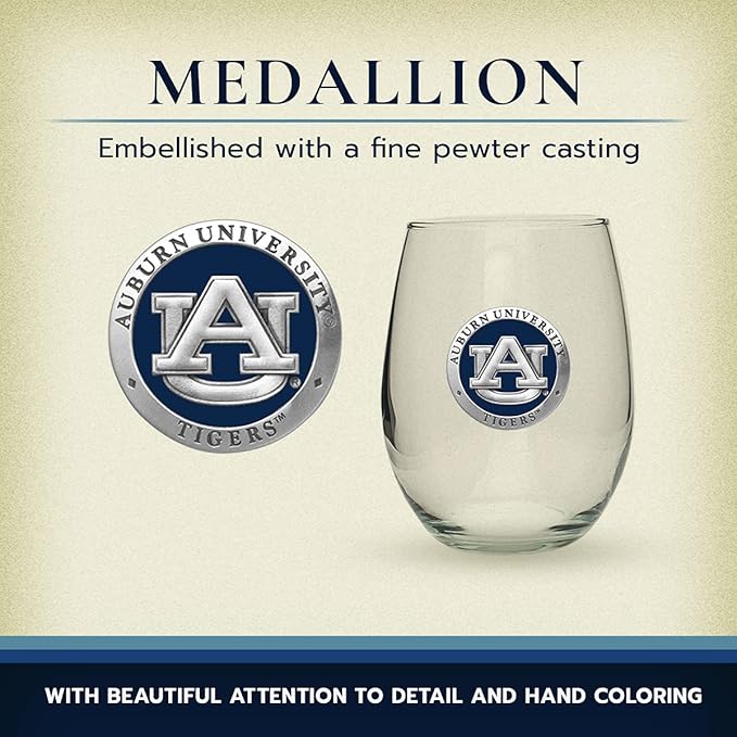 Heritage Pewter Auburn Tigers Stemless Glass Goblets – Set of 2 | 15 OZ Goblet Wine Glasses | Expertly Crafted Pewter Glass