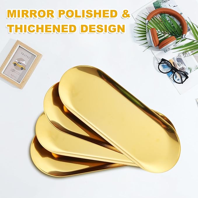 4PCS Stainless Steel Serving Tray Set Gold Platters for Serving Food Party Large Metal Trays Decorative 12" Long Plate Oval Storage Trays Thickened Serving Dishes for Entertaining Sushi Snack