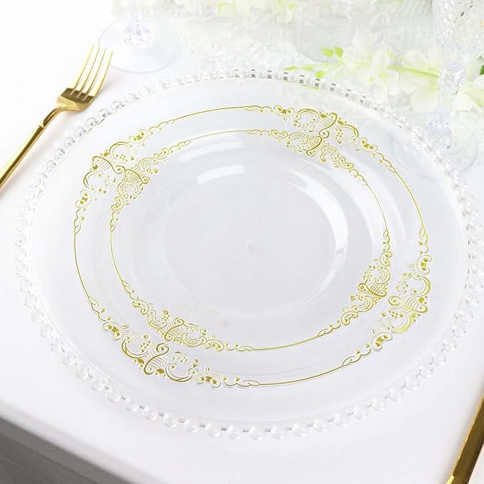 10" Dinner Plates -Set of 30 - Plastic Clear Gold Round Baroque Disposable Chargers Leaf Embossed Rim, Ideal for Dinner Party Wedding Bulk Events