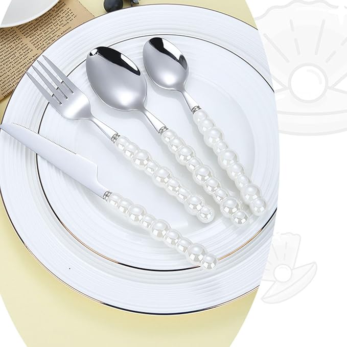 Silverware Set, Spoon and Fork Set Flatware Set Stainless Steel Cutlery Set with Ceramic Pearl Handles for Home Restaurant Hotel