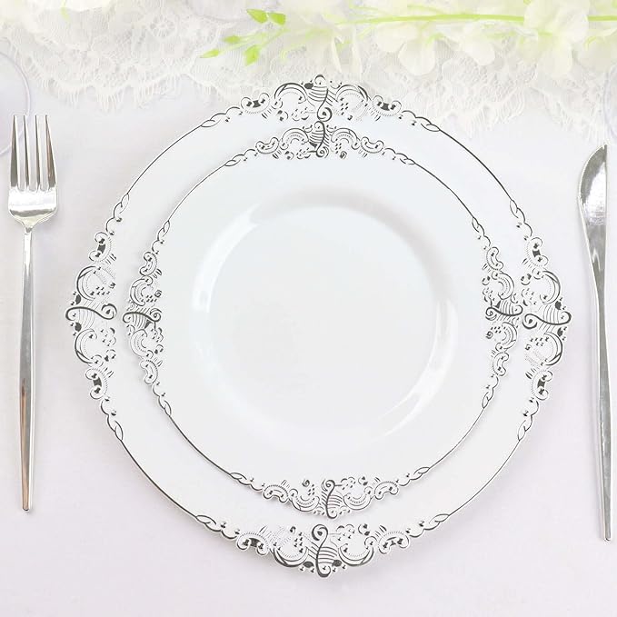 8" Salad Plates -Set of 30 - Plastic White Silver Round Baroque Disposable Chargers Leaf Embossed Rim, Ideal for Dinner Party Wedding Bulk Events