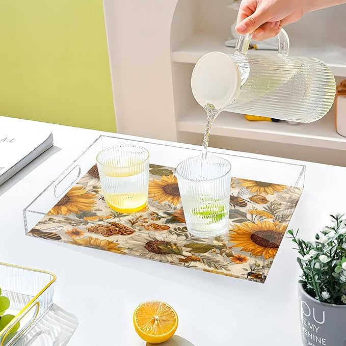 Serving Tray with Handles Clear Acrylic Tray 12x16 Inch Decorative Rectangular Tray Organizer for Ottoman Coffee Table Bathroom Beige Bees Sunflowers Daisy