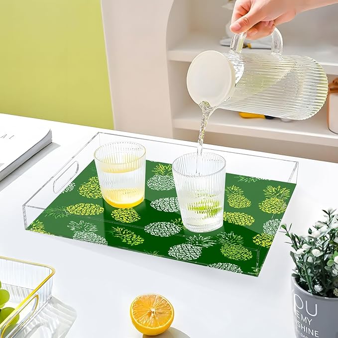 Serving Tray with Handles Clear Acrylic Tray 12x16 Inch Decorative Rectangular Tray Organizer for Ottoman Coffee Table Bathroom Green Pineapple