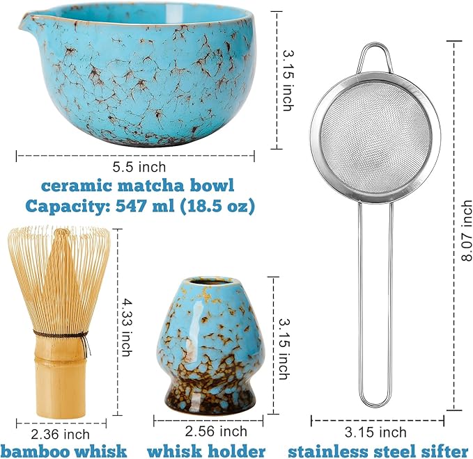 MONOJOY Matcha Whisk Set with Large Capacity Ceramic Matcha Bowl with Spout, Japanese Matcha Set with Matcha Bowl and Whisk, Holder and Stainless Steel Sifter, Matcha Kit for Matcha Lover Gifts, 4 PCS