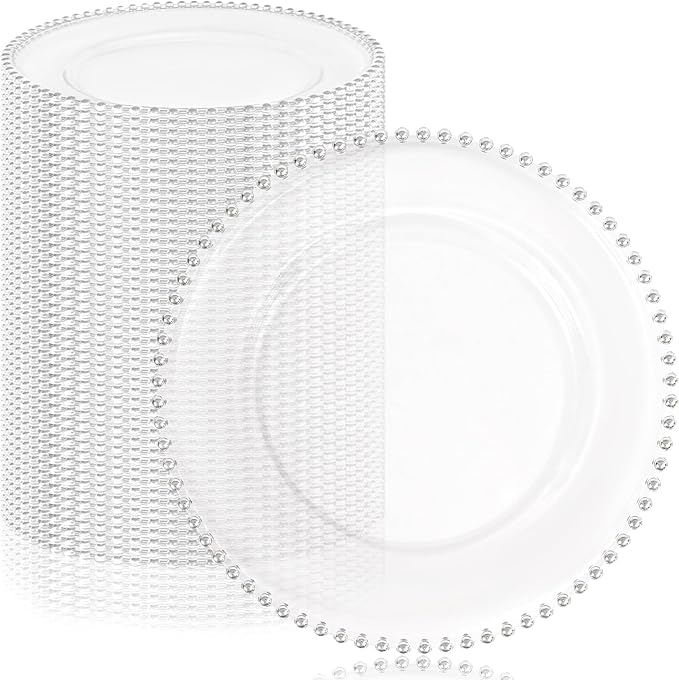 50 Pack Clear Charger Plates with Beaded Rim, 13 Inch Plastic Chargers for Dinner Plates Acrylic Round Tabletop Decoration for Home Kitchen Catering Wedding Table Event Party Dinner (Silver)