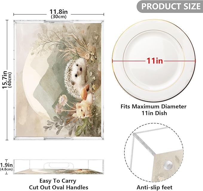 Serving Tray with Handles Clear Acrylic Tray 12x16 Inch Decorative Rectangular Tray Organizer for Ottoman Coffee Table Bathroom Beige Hedgehogs Mountains Mushrooms Flowers