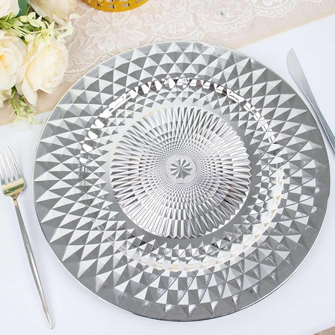 Efavormart 6 Pack | 13" Sparkling Silver Diamond Disposable Dinner Serving Plates, Shiny Round Plastic Charger Plates
