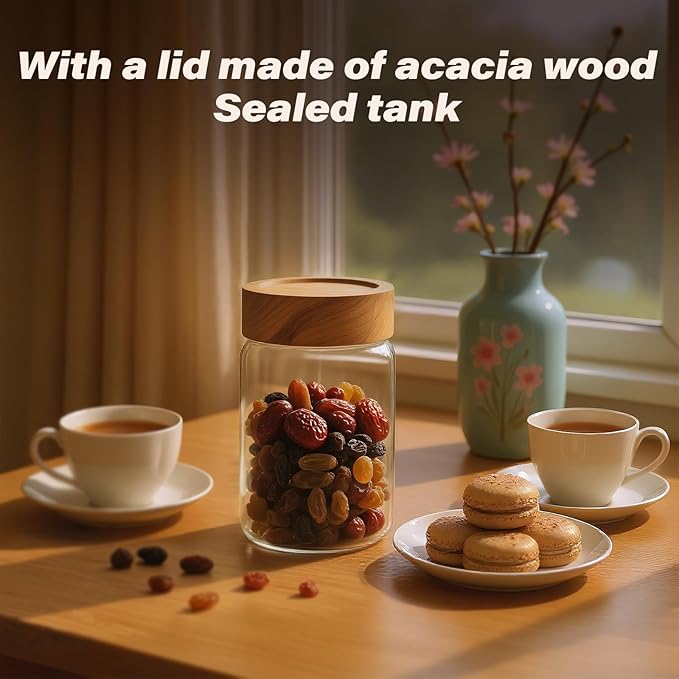 2-Piece 10 fl oz Food-Grade Glass Mason Jars with Sturdy Acacia Wood Lids, Sealable Waterproof, Transparent Easily Stackable for Spices, Seasonings & Snack Organizin