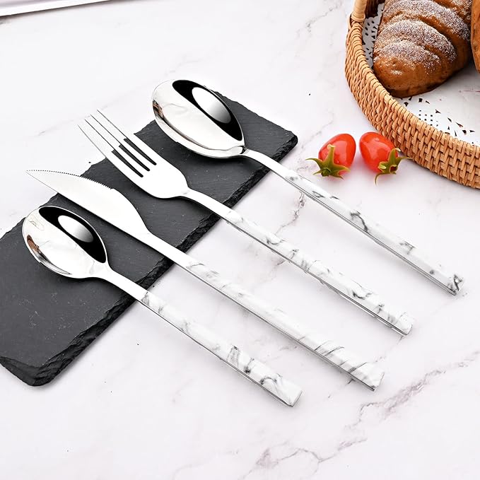 24Pcs White Imitation Marble Pattern Handle Flatware Silverware Set with Stand, Stainless Steel Cutlery Set for 6, Square Handle Eating Utensils, Mirror Polished