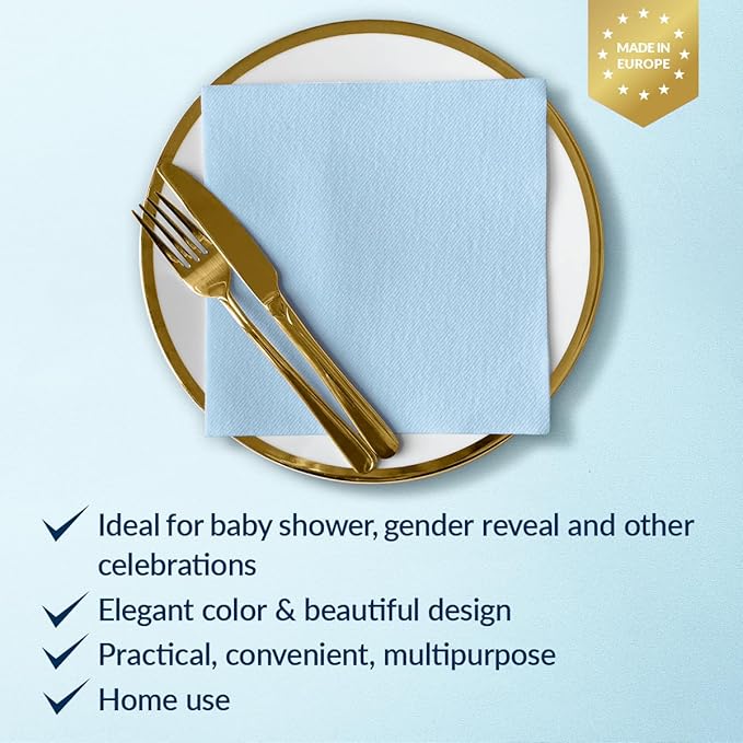 PAW - 50 Pieces Baby Blue Linen-Feel Paper Napkins 16" x 16", Monocolor Disposable Cloth-Like Napkins, Light Blue Dinner Napkins for Baby Shower, Gender Reveal Party, Wedding, Picnic
