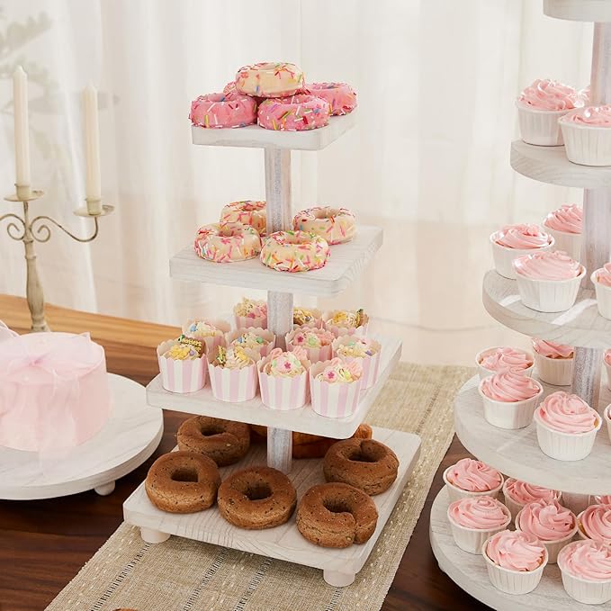 Weselljars Wooden Cupcake Stand Holder：4-Tierd 20in White Square Cake Stand,Rustic Dessert Table Display,Easy to Assemble and with Instruction,Great for Wedding/Party/Birthday/Home Decor