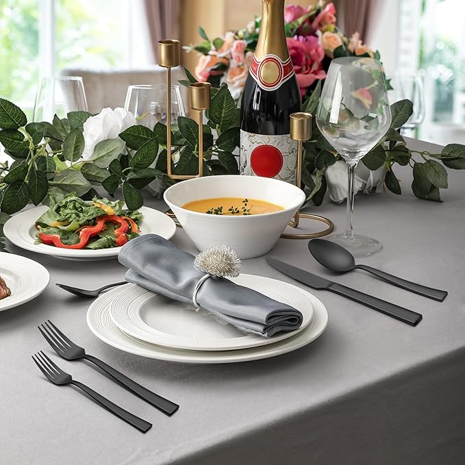 VeSteel 45Pcs Matte Black Silverware Set with Serving Utensils, Stainless Steel Flatware Set Service for 8, Metal Cutlery Eating Utensils Tableware Includes Forks/Spoons/Knives/Hostess Set