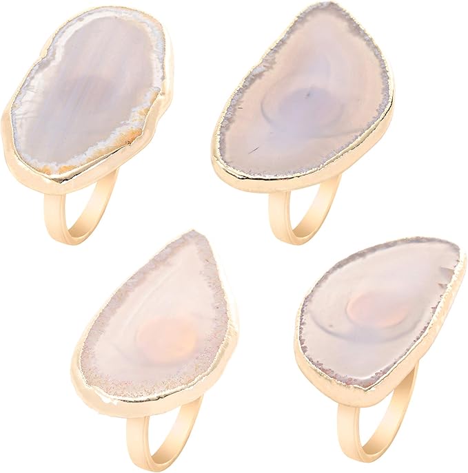 Gold Napkin Rings Set of 4 Natural Agate Slice Christmas White Napkin Ring Dinner Table Decor for Parties Wedding Holidays Thanksgiving Home Decor