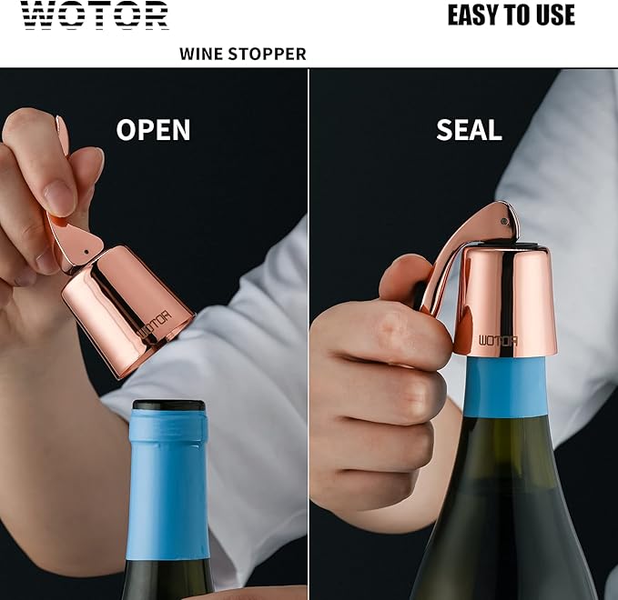 WOTOR Stainless Steel Wine Bottle Stoppers with Silicone - Reusable Wine Saver and Decorative Bottle Sealer, Leakproof, Keep Fresh, Rosegold, 2 Pack