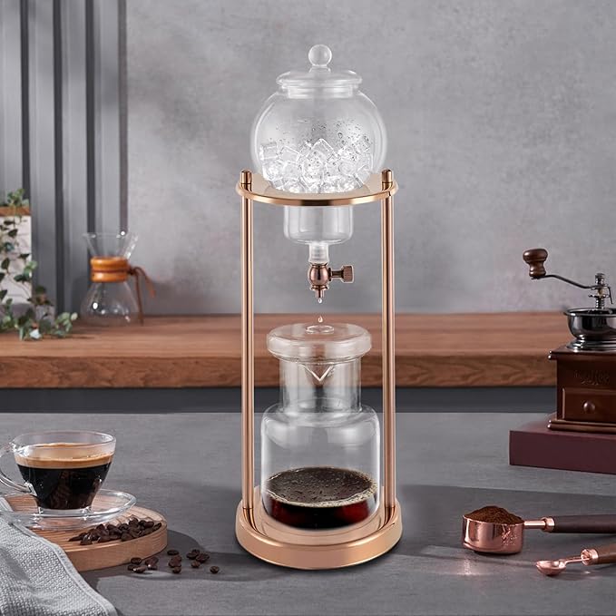 Metal Cold Brew Drip Tower, Ice Cold Drip Tower 600ml Capacity, Iced Coffee Cold Brew Drip Tower, Ice Coffee Maker for Home, Coffee Shops, Offices 6-8 Cups (Gold)