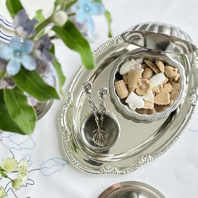 Stainless Steel Oval Platter, Silver Serving Tray, Floral Engraved Decorative Metal Plates Appetizer Platter Mirror Trays for Wedding Birthday Party Snack Fruit Cake (28CM)