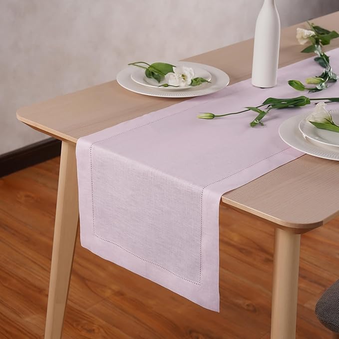 Home Ekaa Linen Table Runner 72 inches Long – 100% Pure Linen Pink Hemstitch Table Runner 14 x 72 Inch for Dining, Spring, Summer, Wedding Decorations, Gift – Elara