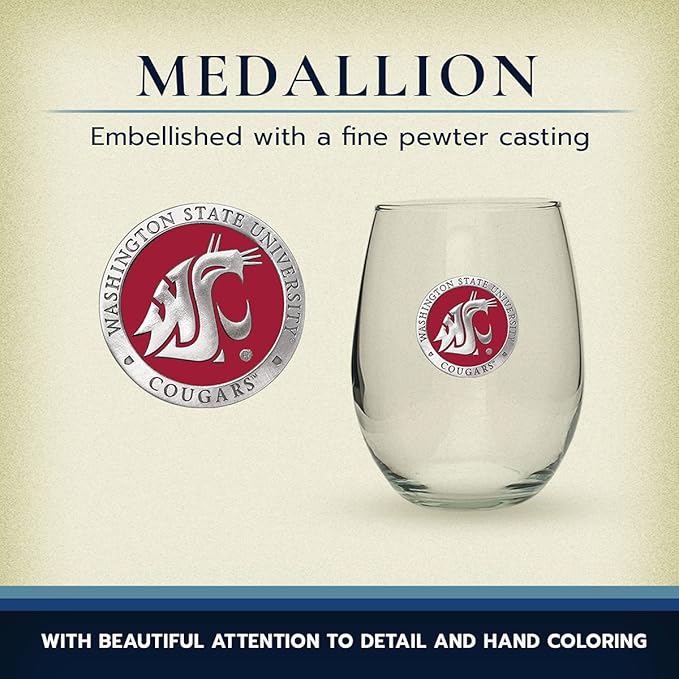 Heritage Pewter Washington State Cougars Stemless Glass Goblets – Set of 2 | 15 OZ Goblet Wine Glasses | Expertly Crafted Pewter Glass