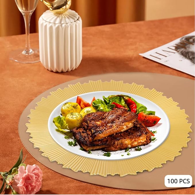 100 PCS Charger Plates Bulk, 13 Inch Plastic Round Charger Dinner Plates Jagged Edge Service Plates Decorative Chargers Bulk for Table Setting Wedding Party Event(Gold)