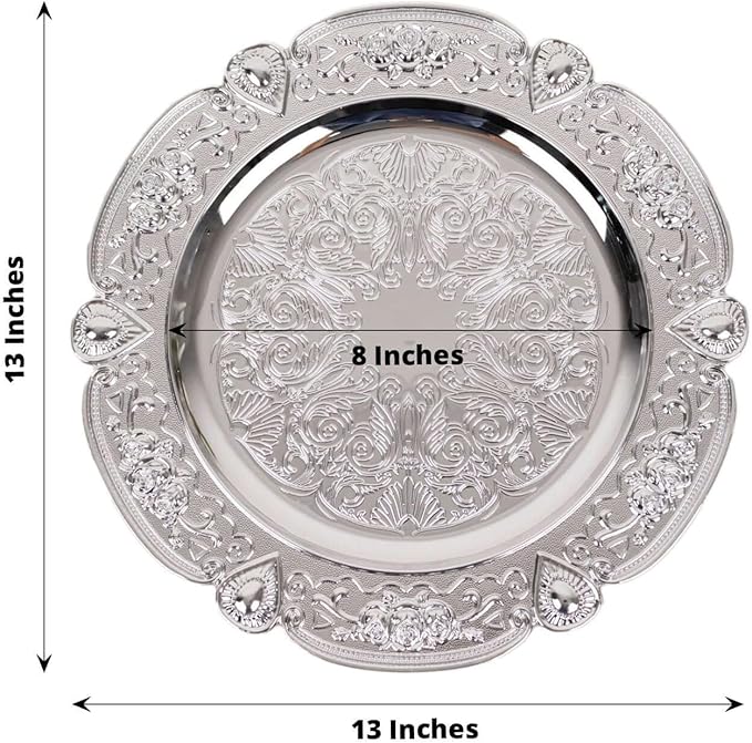 Efavormart 6 Pack Silver Floral Embossed Acrylic Charger Plates With Scalloped Rim, 13" Round Plastic Decorative Serving Plates