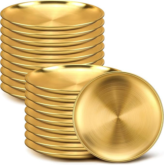 Nuogo 20 Pieces Stainless Steel Gold Plates 9 Inch Gold Dinner Plates Metal Serving Tray Dessert Dishes for Bbq, Salad, Snack, Desserts, Food Serving, Outdoor Camping