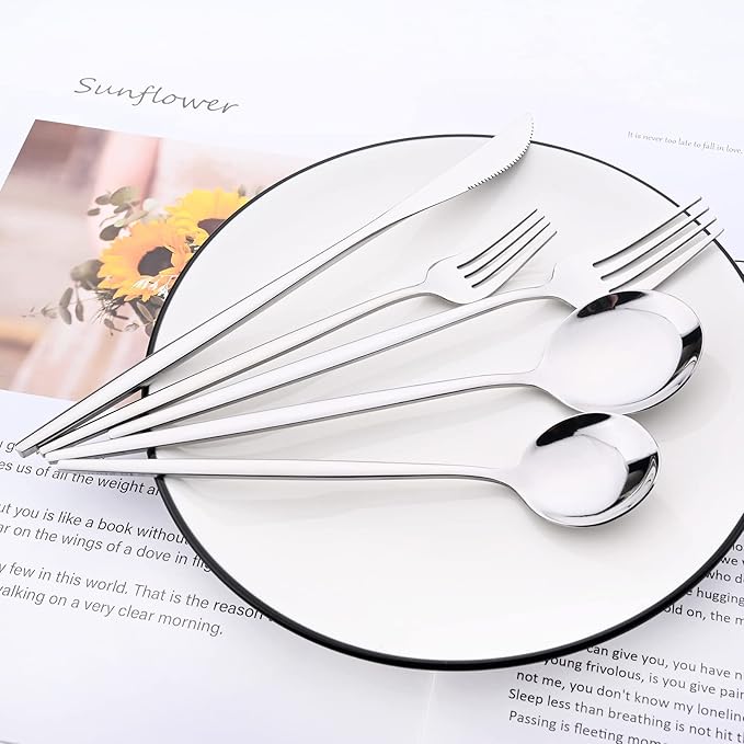30Pcs Silver Simplicity Mirror Finished Cutlery Set, 18/0 Stainless Steel Daily Use Silverware Kitchen Home Restaurant Party Dessert Flatware Set Include Knife/Fork/Spoon, Service For 6