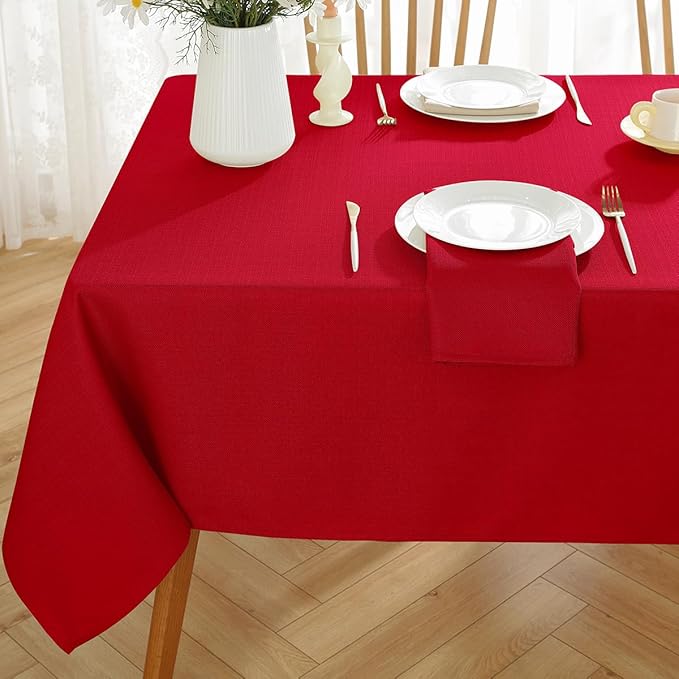 SASTYBALE Christmas Square Tablecloth Spill Proof Wrinkle Free Textured Fabric Table Cloth, Thick Faux Linen Card Table Cover for Xmas Dining, Holiday, Winter, Party (52 x 52 Inch Square, Red)
