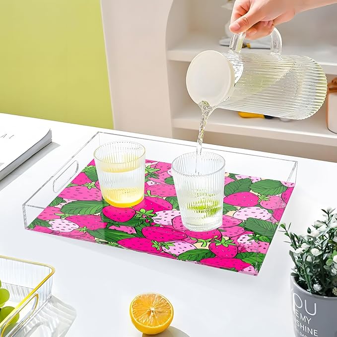 Serving Tray with Handles Clear Acrylic Tray 12x16 Inch Decorative Rectangular Tray Organizer for Ottoman Coffee Table Bathroom Pink Cute Strawberries