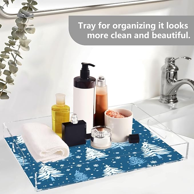 Serving Tray with Handles Clear Acrylic Tray 12x16 Inch Decorative Rectangular Tray Organizer for Ottoman Coffee Table Bathroom Winter Snow Trees Blue