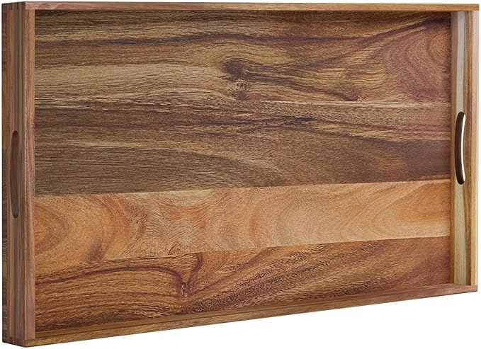 MAONAME Extra Large Ottoman Tray, 32 x 18 inches Wooden Serving Tray for with Handles, Acacia Wood Serving Platter Trays for Living Room, Breakfast