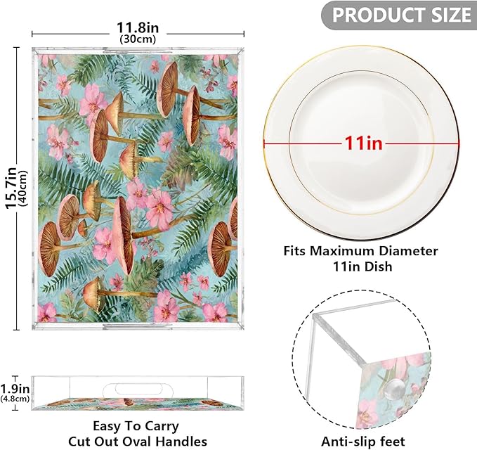 Serving Tray with Handles Clear Acrylic Tray 12x16 Inch Decorative Rectangular Tray Organizer for Ottoman Coffee Table Bathroom Mushroom Leaves Pink Green