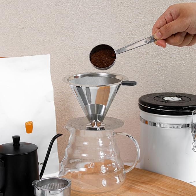 Pour Over Coffee Dripper, 18/8 Stainless Steel Coffee Filter V60 Cone Fine Mesh for 1-2 Cup, Paperless Pour Over Reusable Filter Coffee Maker