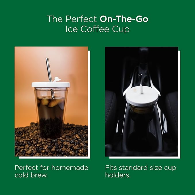Kensal Home Reusable Iced Coffee Cup (16 Oz/Grande), Leak Proof and Double Wall Insulated Iced Coffee Tumbler, Come with Reusable Plastic and Metal Straws and Straw Cleaner - White