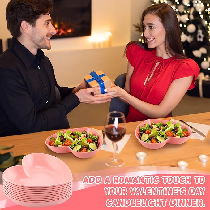10-Pack 9.8 Inch Valentine's Day Candy Dish Heart Shaped Candy Bowl Plastic Dessert Plates Heart Shaped Dinner Bowl Party Serving Dishes for Salad, Cake, Snack, Waffles, Fruit, Appetizer(Pink)