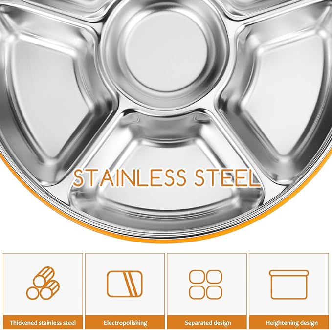 Luxshiny Divided Serving Tray with Lid 6 Compartments Stainless Steel Snack Tray Vegetable Fruit Platter for Family Gatherings Picnics and Office Lunches