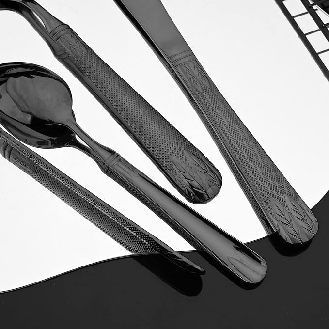 JASHII 304 Stainless Steel Hammered Silverware Set with Wheat Spike Pattern, Modern Eating Tableware Flatware Set, Service for 6. Flat Handle, Dishwasher Safe - Shiny Black