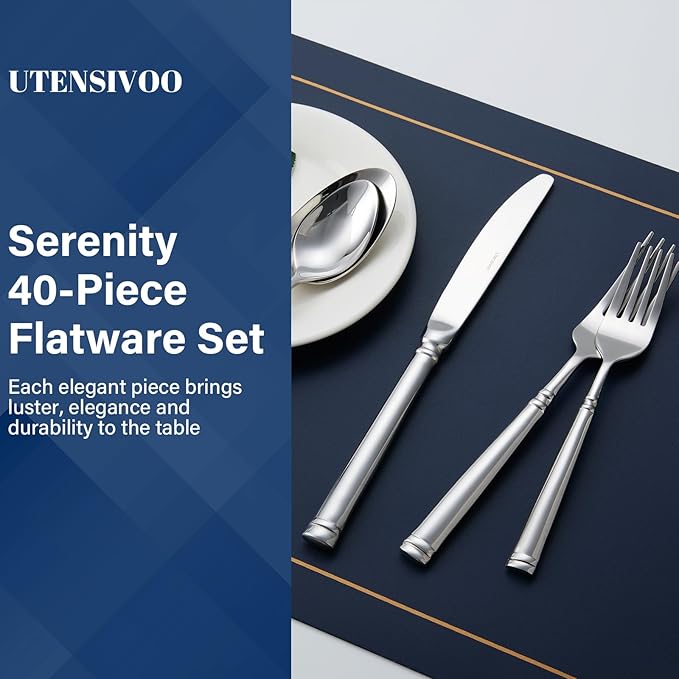 40-Piece Silverware Set for 8，Serenity Flatware Set 18/10 Stainless Steel，Fine Cutlery Set with Forks, Knives, Spoons，Durable and Elegant Design Tableware，Dishwasher Safe