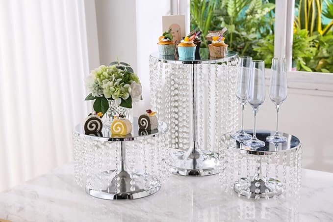 LANLONG Silver Metal Cake Stand for Set of 3, 12in Round Wedding Cupcake Holder for Table, Dessert Cupcake Pedestal Display Plate for Party Wedding Anniversary Baby Shower