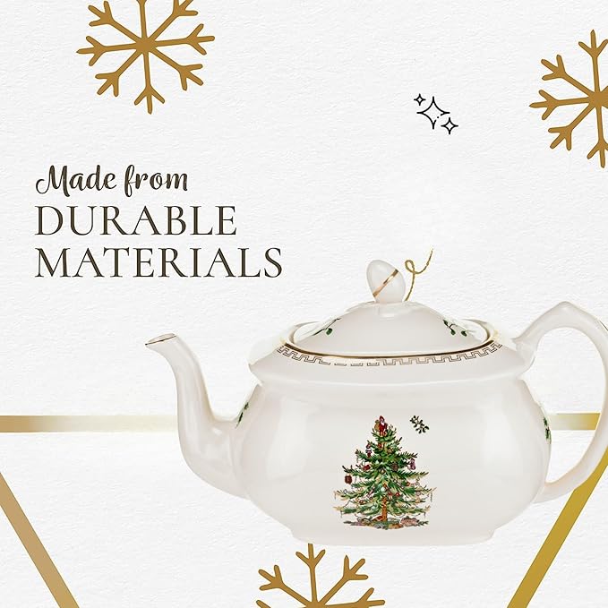 Spode Christmas Tree Gold Teapot - Elegant 36 Oz Porcelain Tea Pot with Infuser, Festive 22K Gold Accents, Christmas Tree Design - Dishwasher Safe Teapot for Holiday Tea Parties and Gifts